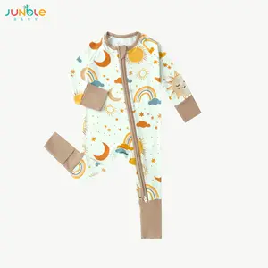 JUNBLEBABY Baby Bamboo Fiber Zipper Pull-Through Dress with Sun Star Moon Prints Double Zippers Soft Fabric Reversible Foot Cover One-Piece Play Suit