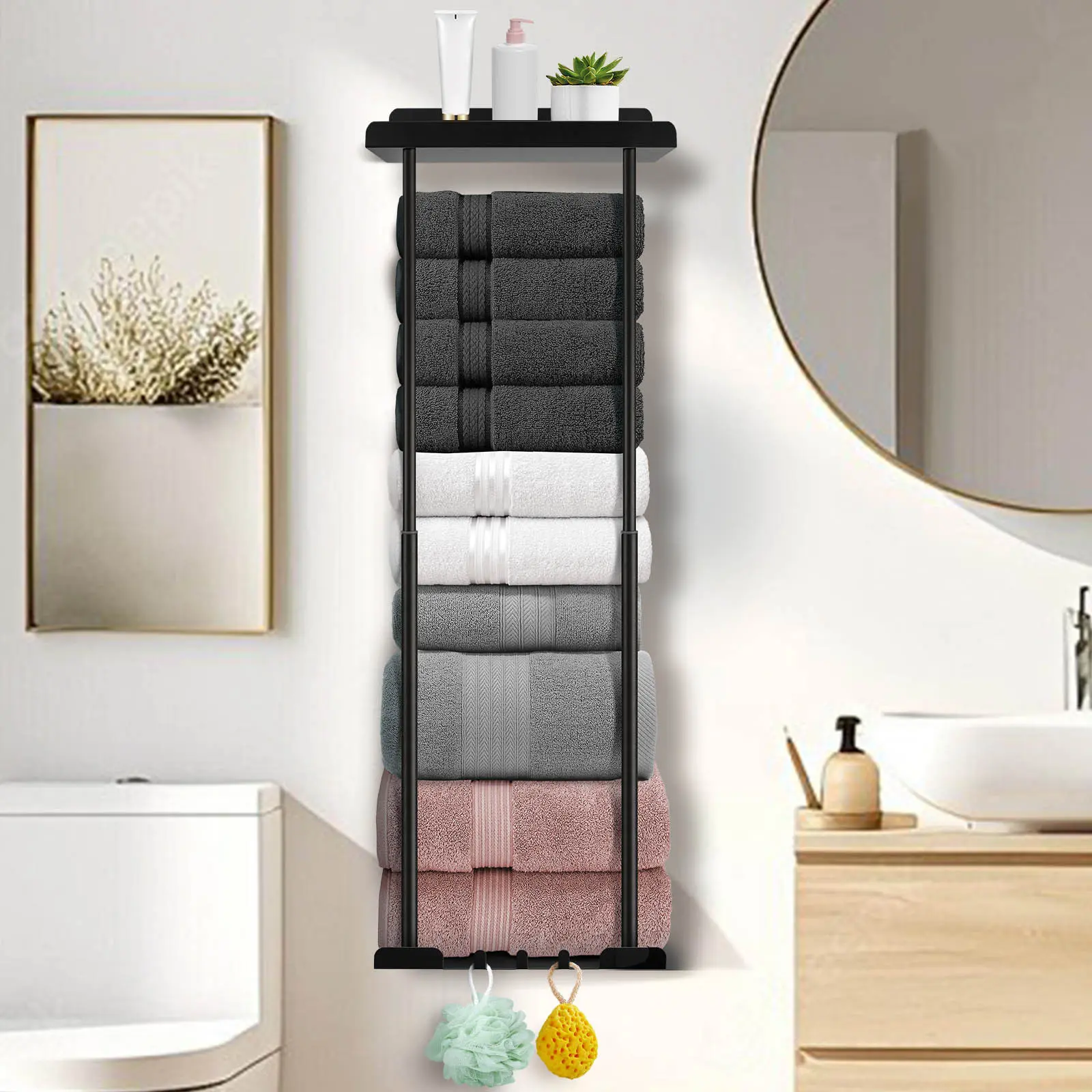 Bathroom Retractable Towel Storage Rack, Towel Racks for BathroomWall Mounted 30 inch with Shelf Can Holds 6 Large Towels,Wall Mount Towel Rack for Rolled Towels, Black