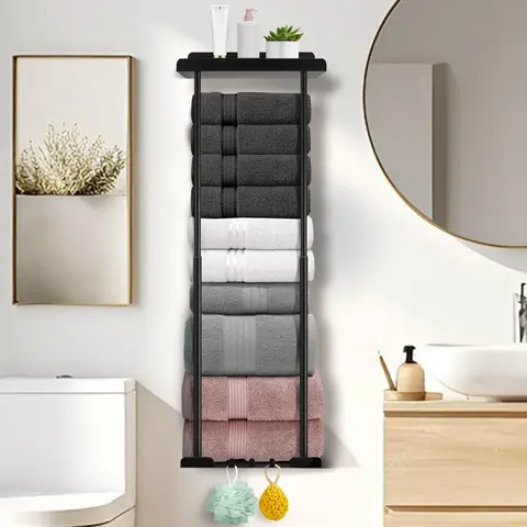 30-Inch Contemporary Black Wall-Mounted Retractable Bathroom Towel Rack with Shelf, 30.5x11.8in, 6.5" from Wall, Damp-Proof Rust-Resist Durable Metal Bathroom Accessory, Holds 6 Large Towels, Easy Installation, Apartment Decor Gift