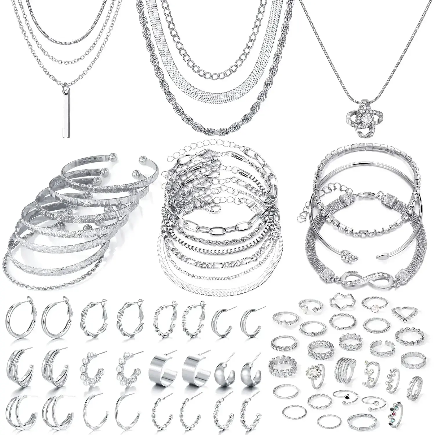 36 Piece Jewelry Set for Women, Boho Silver Plated Jewelry Stack with Layered Strands Necklaces, Bracelets, Rings & Ear Cuffs, Hypoallergenic Meaningful Gifts, Complete Accessories Set, Stylish Accessories, Party Wear, Bohemian, Lead-Free, Chains Set, Val