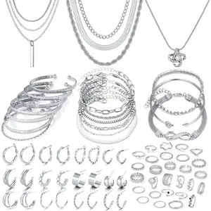 36 PC Silver Plated Jewelry Set With 3 Necklace, 12 Bracelet, 7 Ear Cuffs Earring, 14 Knuckle Rings For Women Girls Valentine Anniversary Birthday Friendship Gift