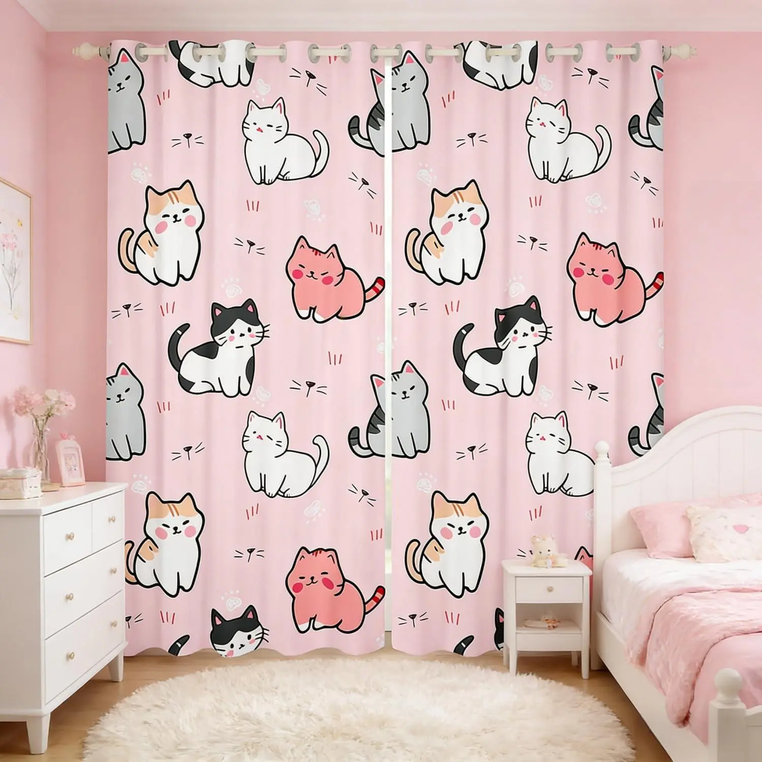 Girls Pink Cat Curtains Cute Animal Blackout Curtains for Boys Kawaii Kitten Curtains & Drapes Cartoon Pet Bedroom Curtains for Kids s Living Room Window Curtains