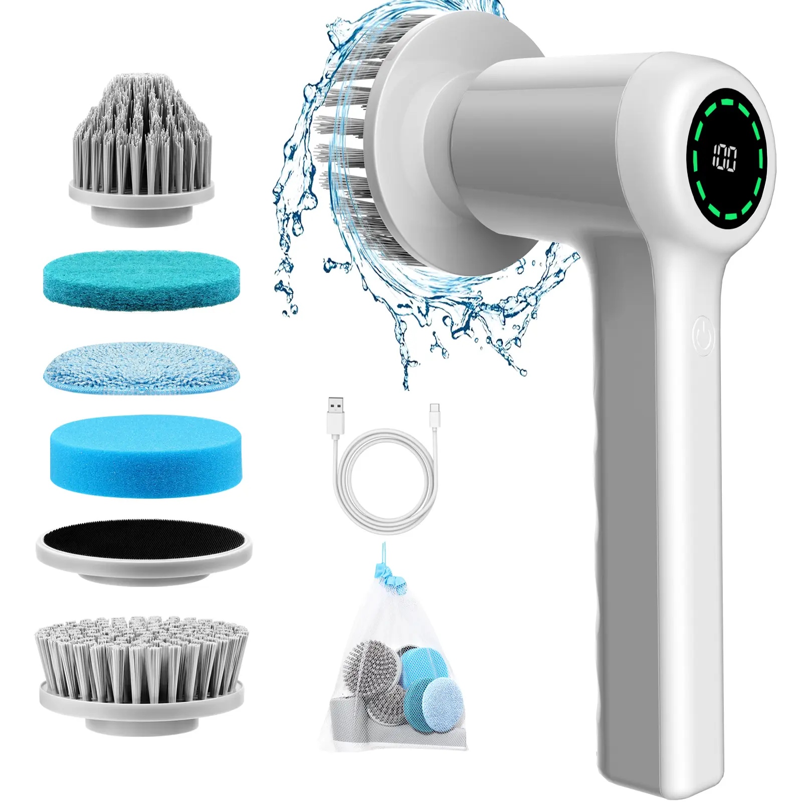 Electric Spin Scrubber, Cordless Shower Scrubber with Battery Level Display, 2 Speeds Electric Scrubber for Cleaning with 5 Replaceable Heads, Cleaning Brush for Bathroom/Sink/Window