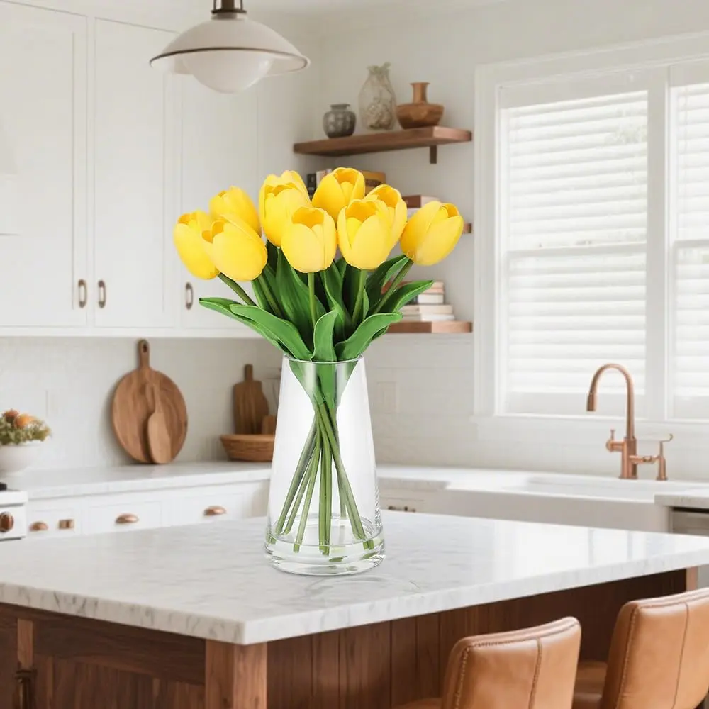 Tulips Artificial Flowers in Glass Vase,Real Touch Fake Tulips with Faux Water for Home Decor,Dining Table Centerpiece (Yellow)