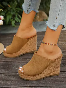 Women's Summer New Thick Sole Wedge Sandals, Open Toe Backless Fabric Slip-On Slippers, Casual Comfortable Stylish Soft Shoes for Women