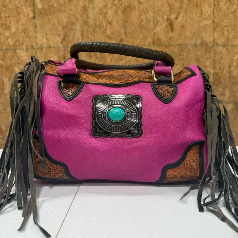 Genuine Hand-Tooled Leather Medium Soft Shell Speedy Bag - Hot Pink, Fringe Accent, Metal Conch Detail, Tooled Corners