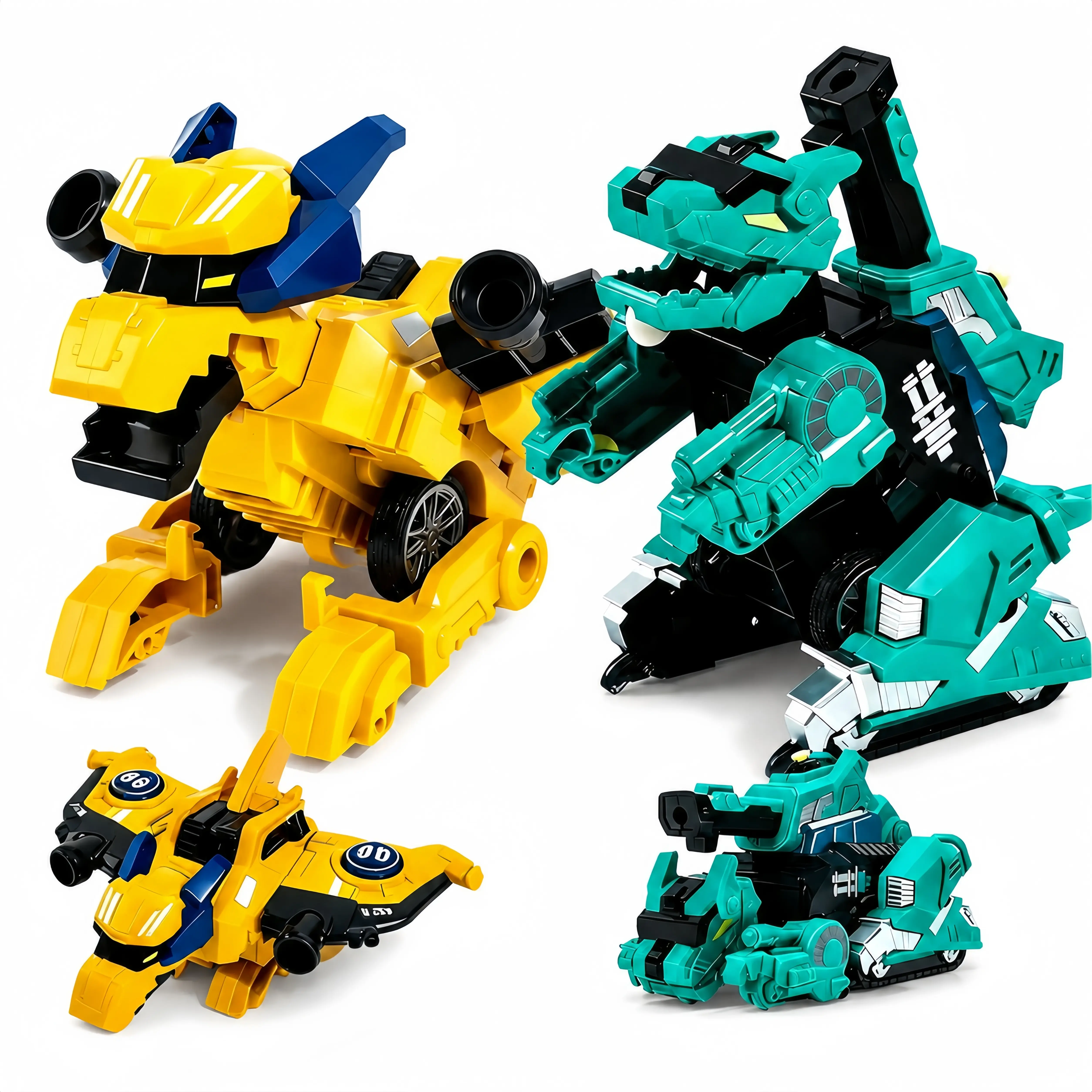 2Pcs Plastic Transformers Vehicle Playset - Inertial Sliding Fighter Jet to Pterosaur, Tank to T-Rex, Press-to-Shoot Projectiles, Friction Power Toys for Kids Ages 3+