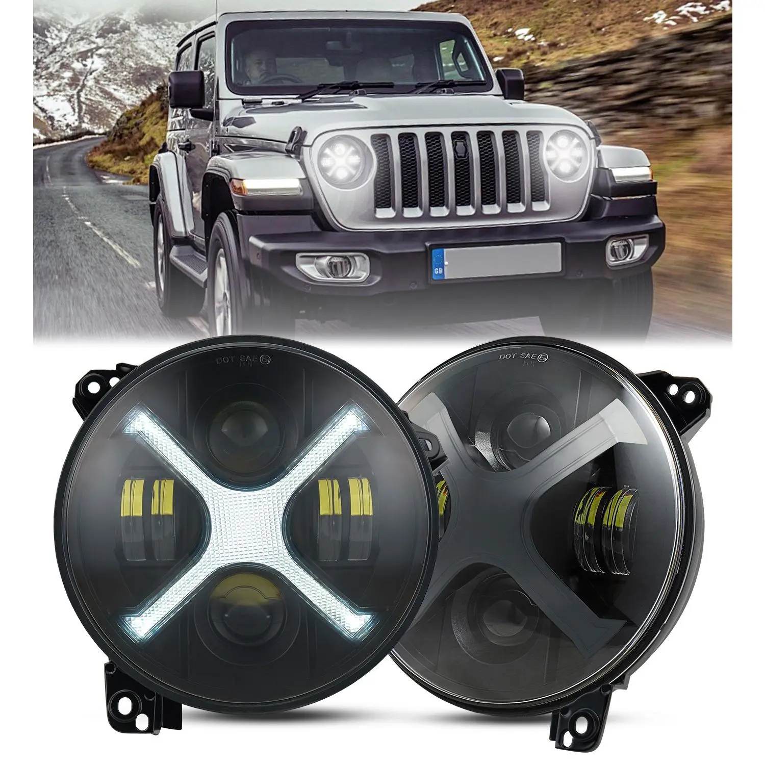 9" X-Style LED Headlight Assemblies Pair Set - White Daytime Driving Lights, Amber Turn Signals, High/Low Beams for Jeep Wrangler JL/JLU 2018-2023, Car Lights, Automotive Car Light