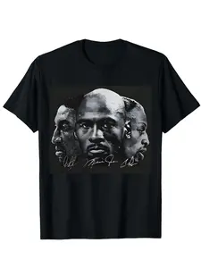 Men's Basketball Legends Graphic Casual T-Shirt, Menswear - Kobe Bryant, Michael Jordan, LeBron James Triple Portrait Black Crew Neck Tee, Iconic NBA Streetwear with Signatures, Soft Breathable Cotton Regular Fit T-Shirt for Men Teens