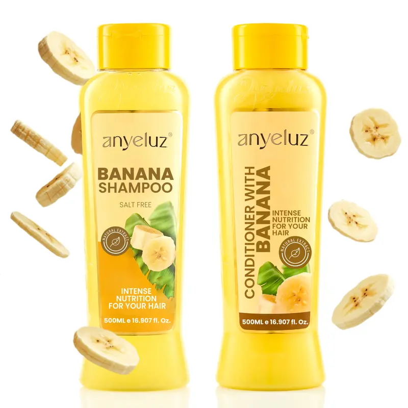 ANYELUZ Banana Hydrating Sulfate-Free Shampoo and Conditioner Set - Artificial Additives-Free Haircare Cleanser Duo for Adults' Dry, Damaged, Color-Treated Hair, Frizz Control, Shiny Bounce