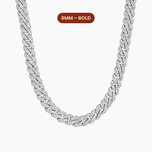 JAXXON Iced Out Cuban Link Chain 8mm - Silver - Rhodium Bonded for Shine & Durability - Box Clasp