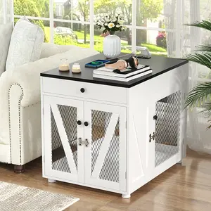 VOWNER Dog Crate Furniture, Wooden Dog Kennel End Table with USB Charging Station, Storage Drawer, Double Latched Door, Furniture-Style Crate Side Table for Medium Dogs Under 40 lbs Indoor Use