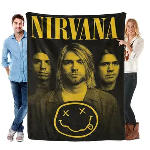 Nirvana Oversize Smiley Face Throw Blanket - Retro Rock Music Merch, Flannel Fabric, Plush Fleece, Grunge Look, Iconic Band Portrait & Logo, Bedroom Decor, Wall Decor Bedroom for 90s Fans