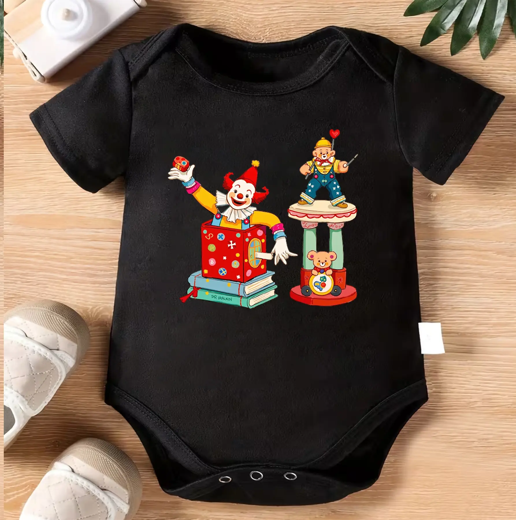 Vintage Clown Toy Baby Bodysuit | Retro Circus Infant Onesie | Cute Toybox Clown Baby Outfit | Colorful Carnival Baby Romper | Nostalgic Toy Illustration Newborn Clothes | Baby Shower Gift
