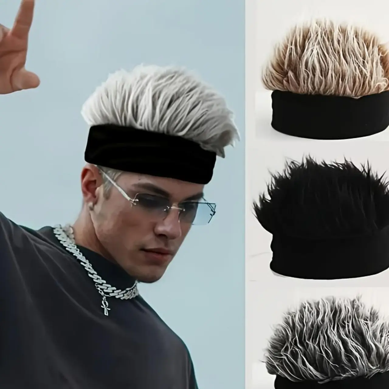 Unisex Brimless Knit Hat with Faux Fur Hair, Soft Hip-Hop Style Fur Hats for Parties and Cosplay, Black Gray, Knit Beanie, Clothes, Straight Hair, Hiphop Hats
