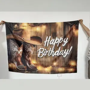 1pc cowboy boots and hats theme background banner, Outdoor Banners Party Decoration Supplies - Country cowboy wood board theme, perfect for birthday party, wall, garden, indoor & outdoor decoration, and photography background