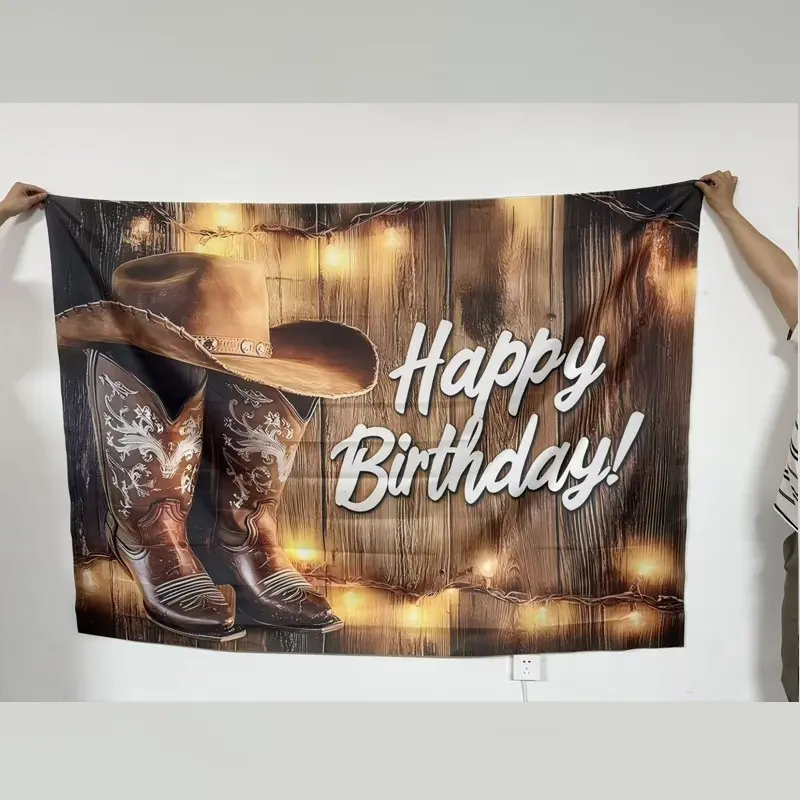 1pc Cowboy Boots and Hats Theme Background Banner, Party Decor Design, Country Cowboy Wood Board Theme, Party Decoration Supplies, Perfect for Birthday Party, Indoor & Outdoor Decoration, Photography Background