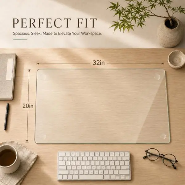 Tempered Glass Desk Protector, 32x20in 9H Scratch-Proof Heat-Resistant, Non-Slip Silicone Pads, R10 Rounded Edges, Multi-Use for Office, Dining