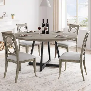 47" Round Dining Table for 4-6 – Industrial Kitchen Table with Metal Pedestal Base and Space-Saving Storage for Dining Room