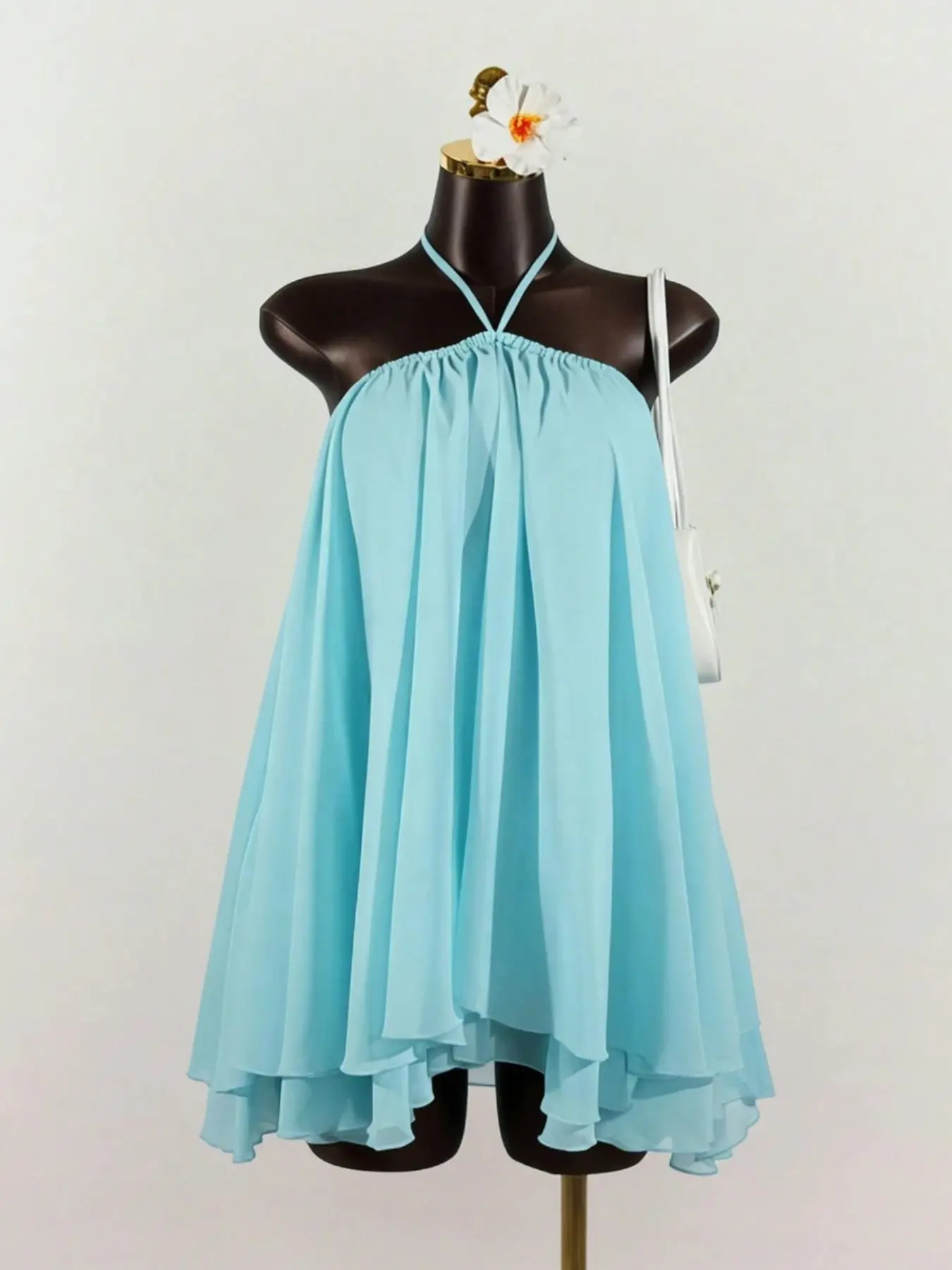 Women's Chiffon Layered Ruffle Sleeveless Halter Mini Dress, Elegant Chic Summer Fashion, Lightweight & Breathable, Airflow Tiered Dress, Formal Party Dress, Chiffon Cocktail Dress