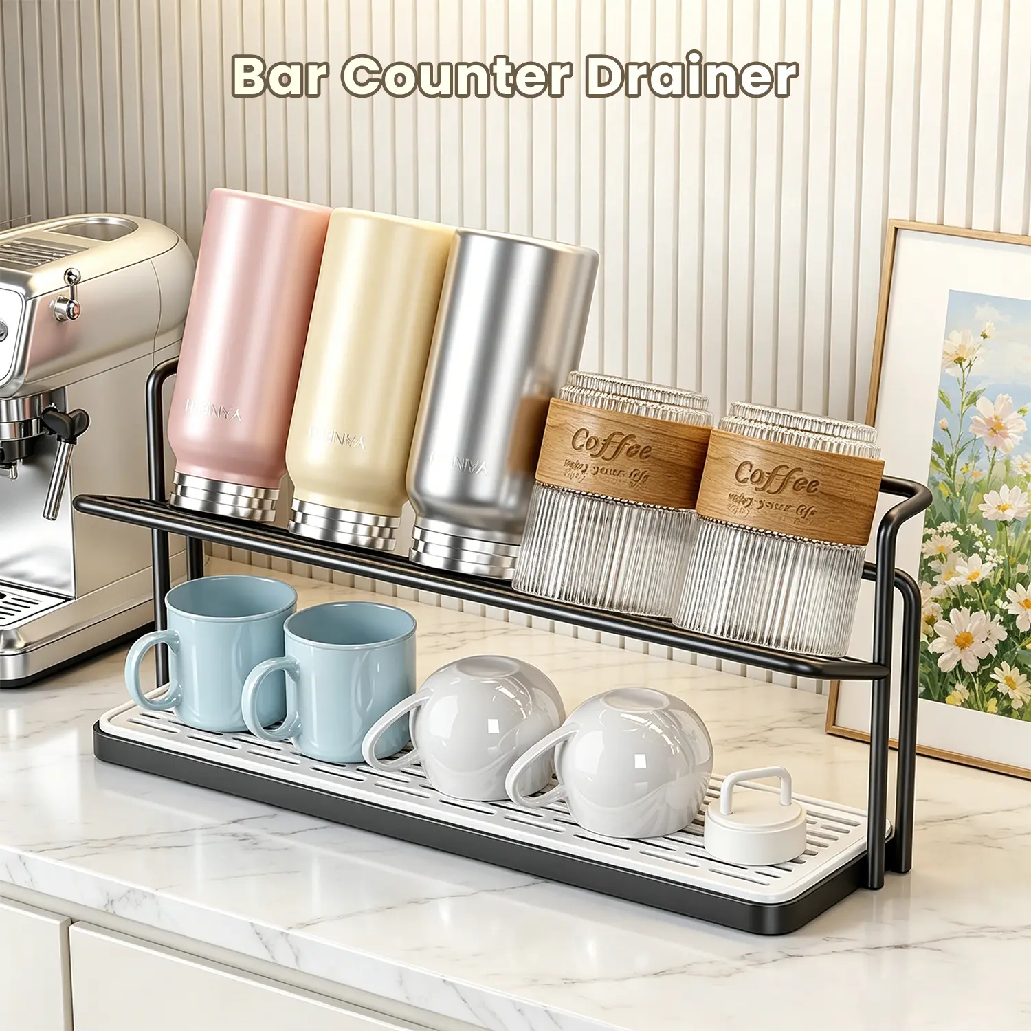 Black Double-Tier Kitchen Utility Organiser - Functional Water Bottle Drying Rack with Drainage Tray and Mug Storage Rack for Kitchen Worktops