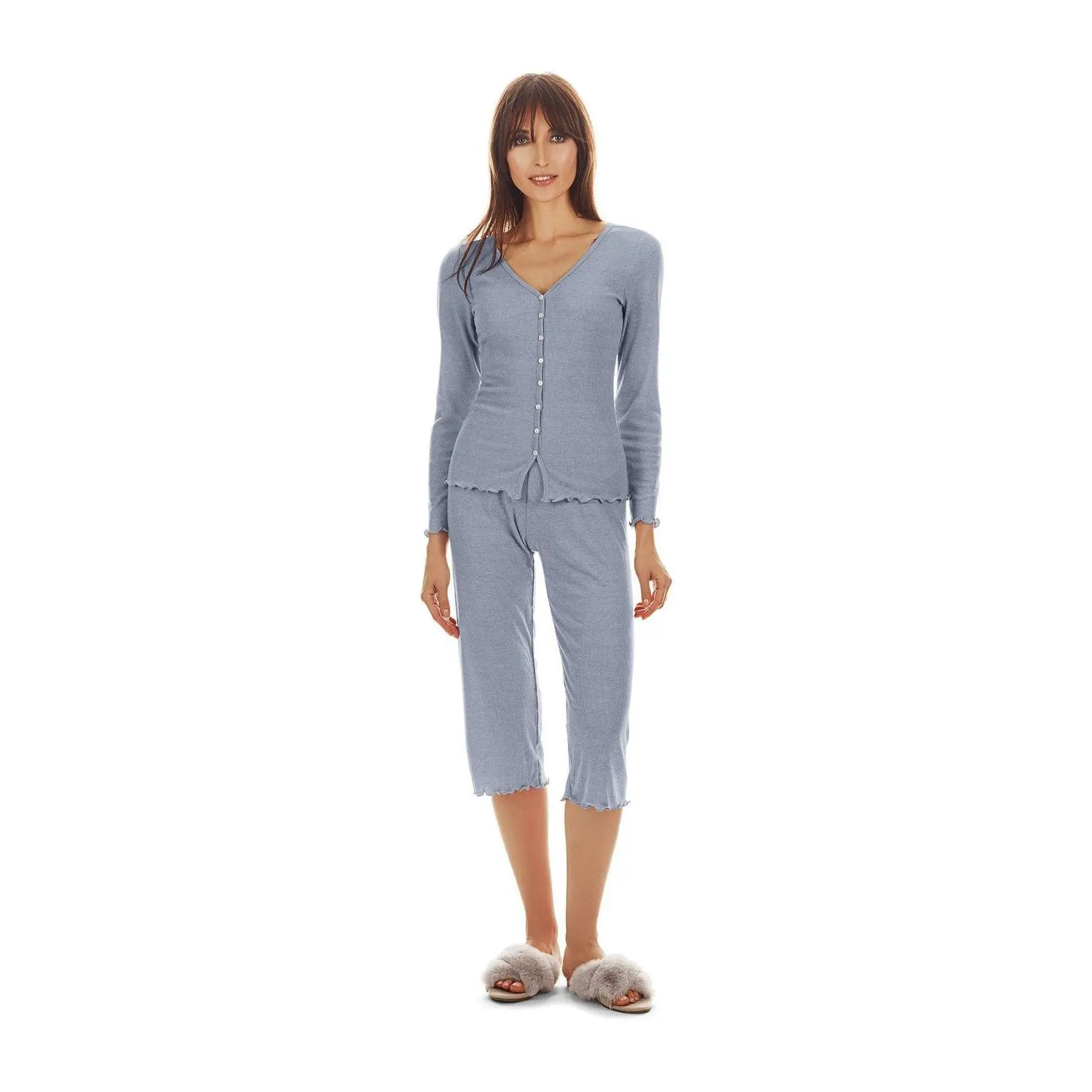 Memoi Lettuce Edge Rib Capri Set