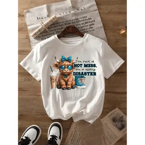 Cute Highland Cow Graphic Plus Size Casual Crew Neck Summer Short Sleeve TShirt Made From Slight Stretch 100 Percent Polyester Knit Fabric With Animal Pattern In Black