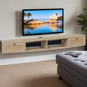 70"x8" Modern Floating TV Cabinet, Wall-Mounted with Rattan-Woven Drawers & Open Shelf, Space-Saving Design for 55-75 Inch TVs, Ideal for Living Room, Bedroom, Light Brown