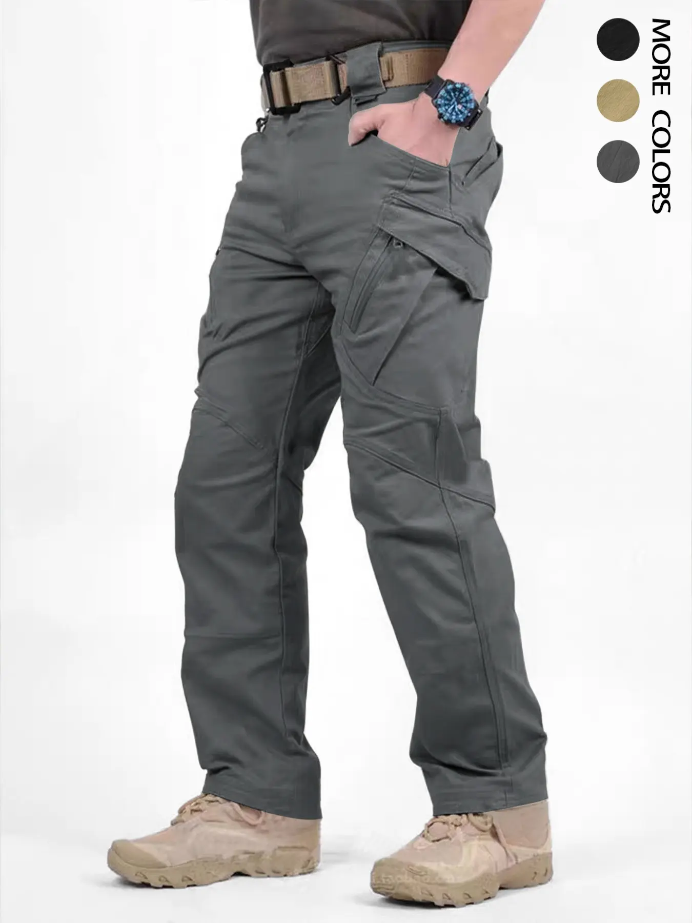 Men's Solid Color Casual Tactical Pants, Casual Fashionable Pocket, Fashion Elastic Waist Multiple Pockets Cargo Pants Spring Summer Zipper Pockets Hiking Pants Breathable and lightweight Outdoor Activities Going Out Fishing Working Time