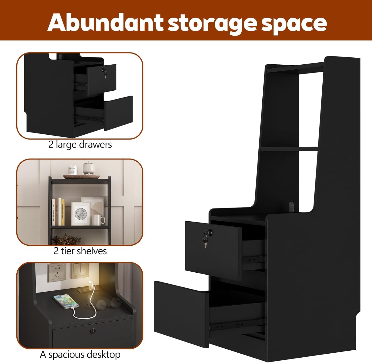 Modern Smart Nightstand with Night Light & Charging Station, Night Stand with Bookshelf, Lockable Bedside Cabinet Tables with 2 Storage Drawers for Bedroom Home Office (Black)