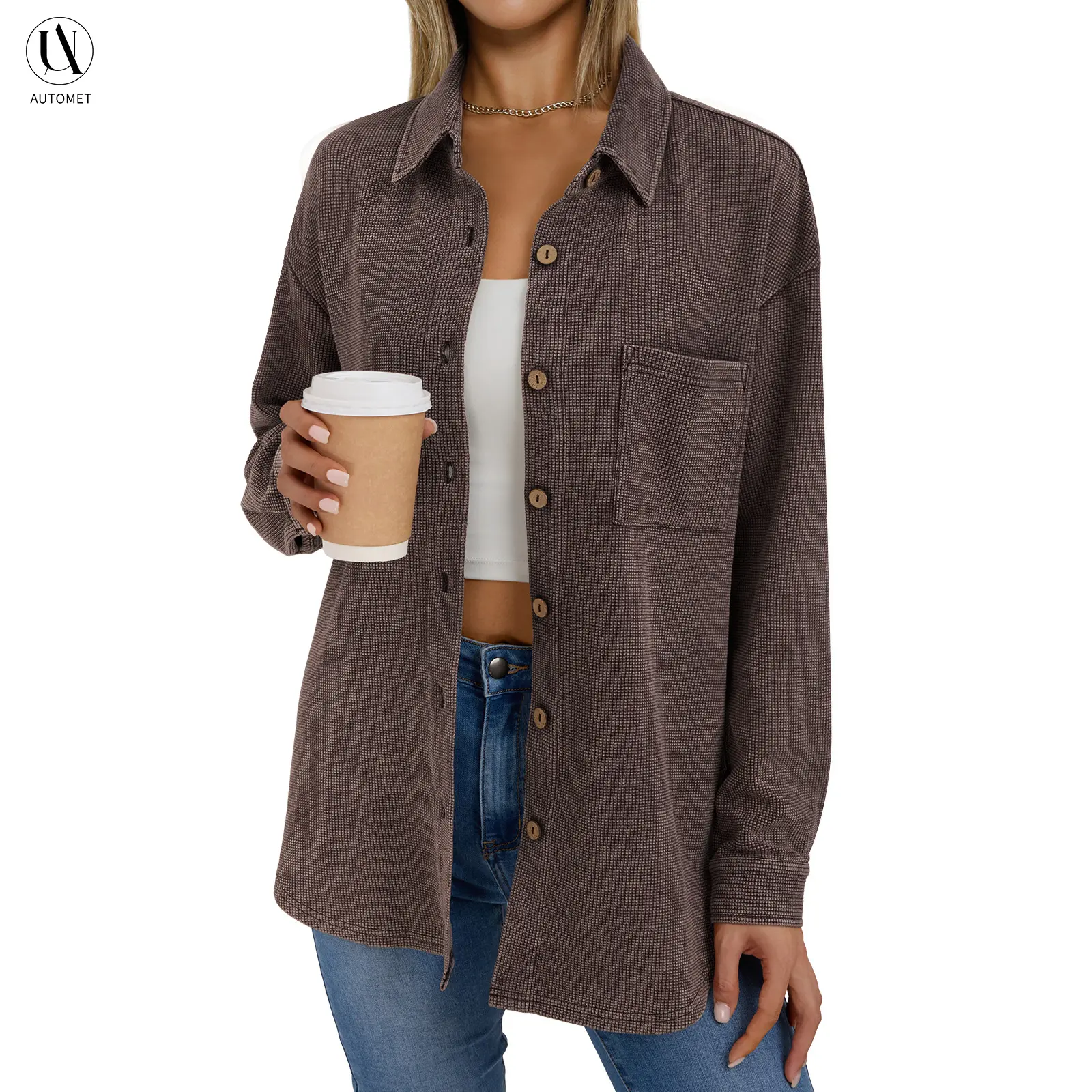AUTOMET Women's Dressy Casual Tops, Waffle Knit V-Neck Long Sleeve Blouse with Pocket, Button Down Front, Shirts, Women's Tops, Basic, Corporate Office Wear, Business Casual Tops