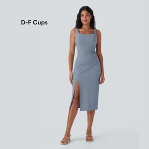 Halara Softlyzero Airy Square Neck Backless Corset Ruched Split Bodycon Midi Cool Touch Bridesmaid and Wedding Guest Dress-D/DD/DDD/F Cups