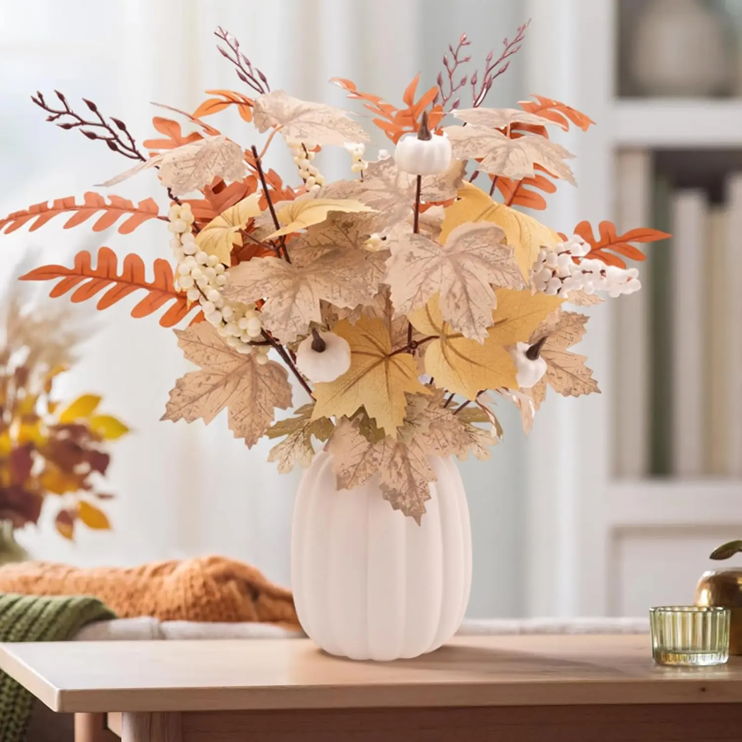 Ceramics Pumpkin Vase Fall Decor - 15 PCS Autumn Maple Leaf Pumpkin Berry Stems Included - Farmhouse Neutral Table Centerpieces for Thanksgiving Home Indoor Dining Room Kitchen