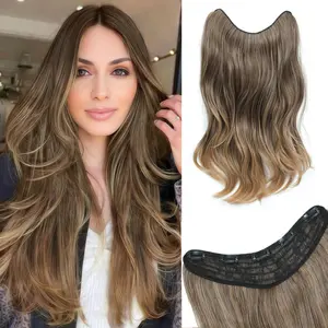 UDU 20 inch clear invisible wire synthetic hair extensions with 5 retaining clips adjustable invisible wire headband, long hair wavy curly women's beginner invisible hair extensions