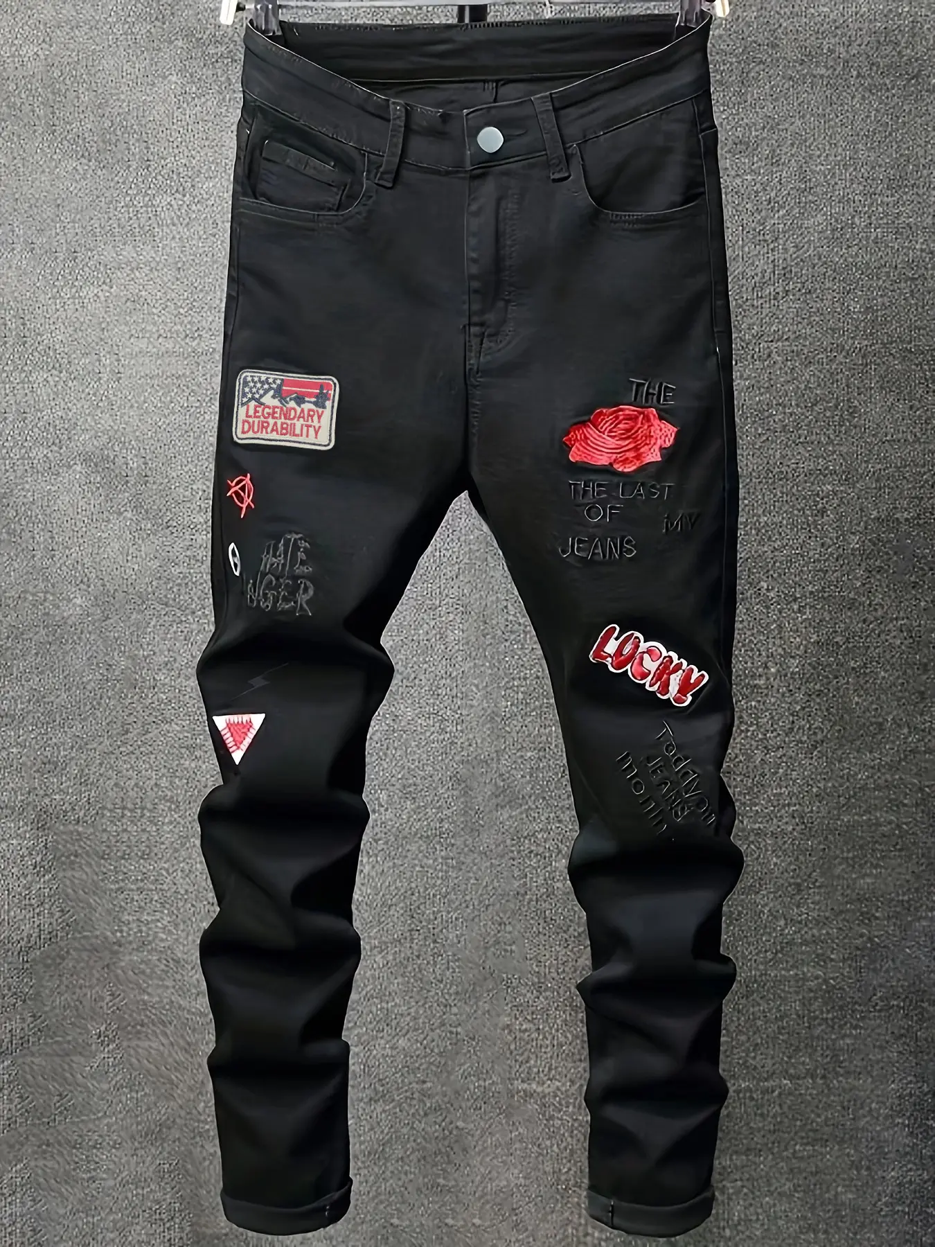 Men's Casual Embroidered Stretchy Jeans, Slim Fit Mid-Waist Denim with Pockets for Party & Streetwear, Menswear