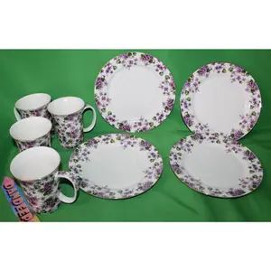8 Piece Violets Purple Floral Grace's Teaware 4 Mugs 4 Plates Tea Coffee Serving