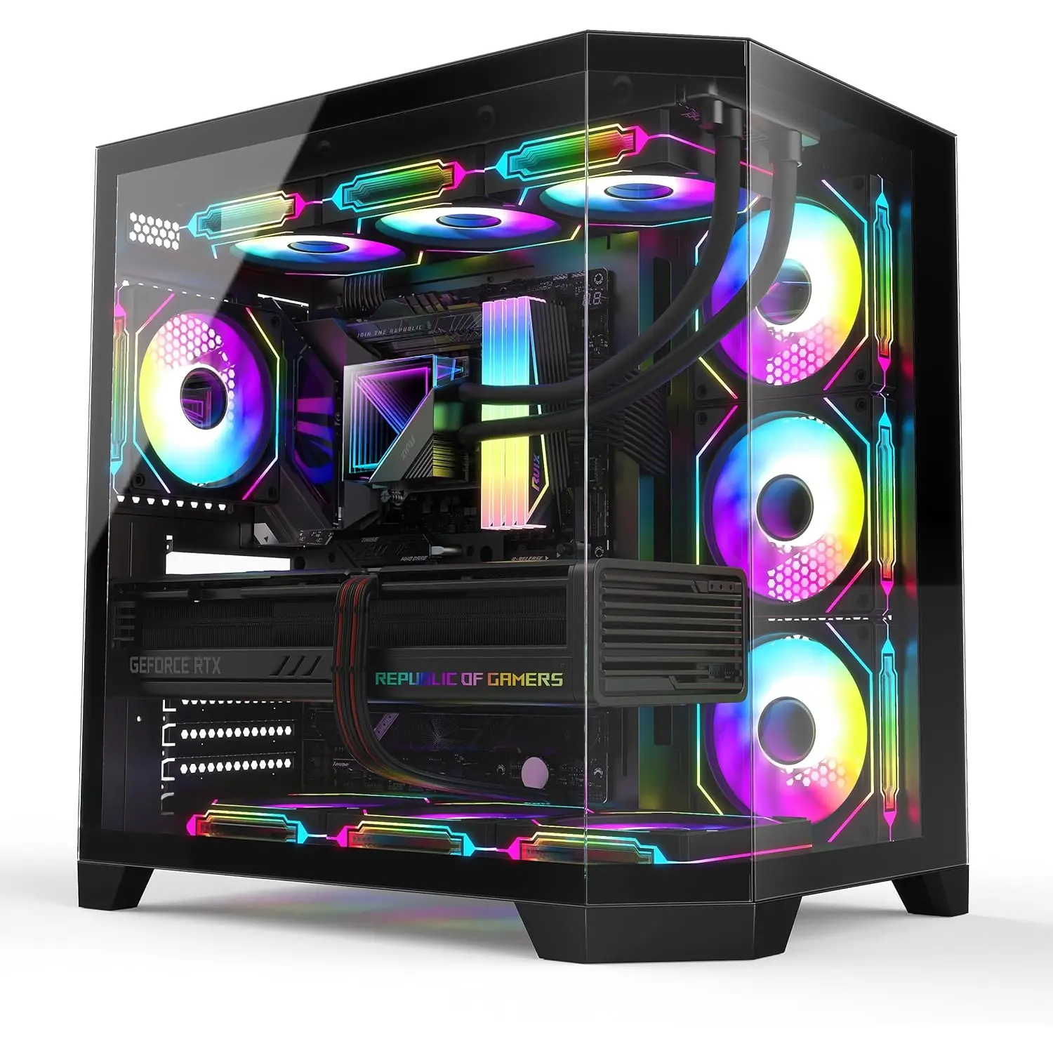 OV303 ATX Mid-Tower Gaming PC Case (Black) - Pre-Installed 4 x 120mm Prism ARGB PWM Fans, Fan Cooling, USB 3.0 & Type-C Ports, High-Airflow Design