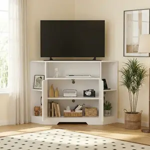 Corner TV Stand for TVs Up to 55 Inch with Power Outlet & Barn Doors, Mid Century Modern Farmhouse Entertainment Center with Adjustable Shelf, Storage Cabinets, Media Console for Living Room