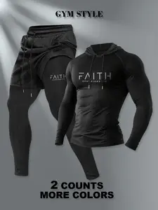 Men's Hooded Long Sleeve T-Shirt + Faux Two-Piece Pants Set, Casual Fall & Winter, Moderate Fabric, Fitted Style