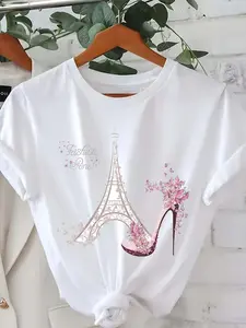 Plus Size - Plus Size - Fashionable Eiffel Tower Print T-Shirt, Loose Plus Size High-Heeled Shoes Short-Sleeved Women'S Clothing