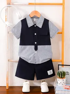 Boys' Summer New Set, Button Front Collar Shirt Short Sleeve Fake Two-Piece Design, Navy and Stripes, Breathable Shorts, 2 Pieces