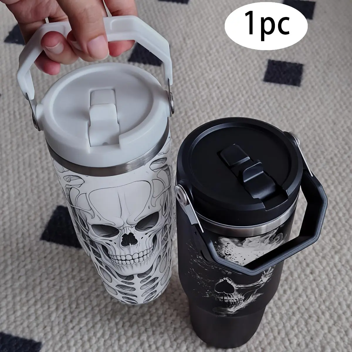30oz Gothic Skull Insulated Vacuum Cup Tumbler with leak-proof lid and handle. Double-wall 304 stainless steel, BPA-free, keeps drinks hot & cold. Stylish design, durable & reusable, unisex. Ideal gift for Halloween and birthdays, great for coffee.