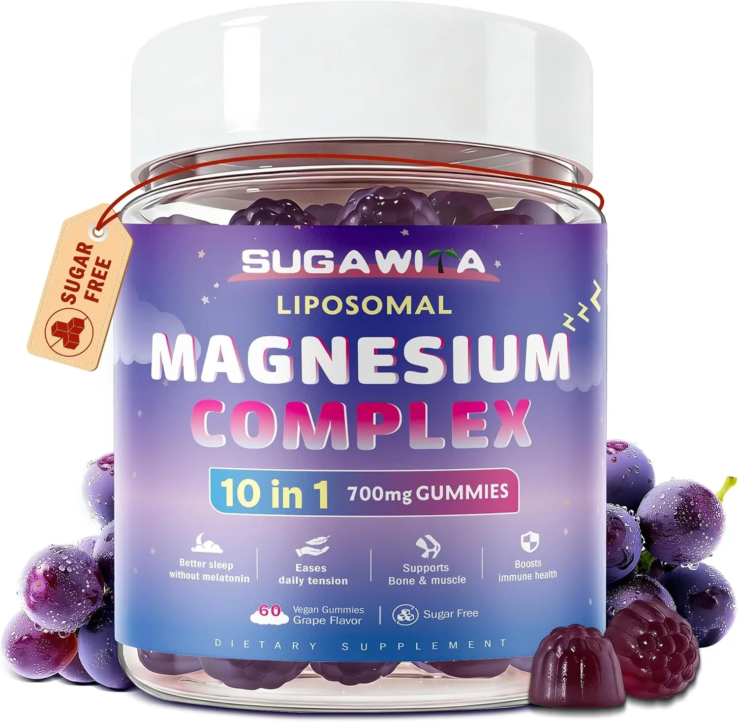 SUGAWITA Magnesium Complex for Women, 10 in1 Magnesium Glycinate, Malate, & Citrate, Magnesium Gummies 700mg with Ashwagandha & L-Theanine, Vegan, 60 Gummies