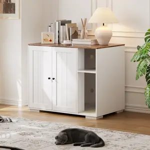 Dog-Proof Cat Litter Box Enclosure Cabinet with Power Outlet – Large Hidden Cat House Furniture – Fits Automated Cat Litter Box 3/4/5, Automatic or Standard Litter Box – Modern Indoor Cat Washroom Cabinet