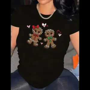 Plus Size Graphic Tee For Women, Halloween Gingerbread Print Crew Neck T-Shirt, Medium Stretch, Short Sleeve, Knit Fabric Pullover - Season Versatile Top Golf Gift T-Shirt For Men And Women