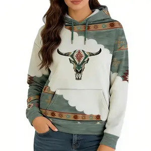 Women's Vintage Highland Bull Head Print Aztec Hoodie Pullover Cowgirl Western Hooded Sweatshirt