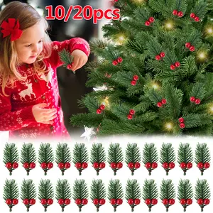 10/20pcs Artificial Christmas Pine Needles Red Berry Pine Cone Holly Branches Xmas Tree Ornament Home Decoration DIY Wreath Gift
