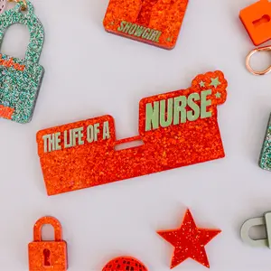 ID Badge Buddy Peeker - Showgirl Design "The Life of a Nurse" - Vibrant Orange Glitter Accessory for Nurses Teachers & More