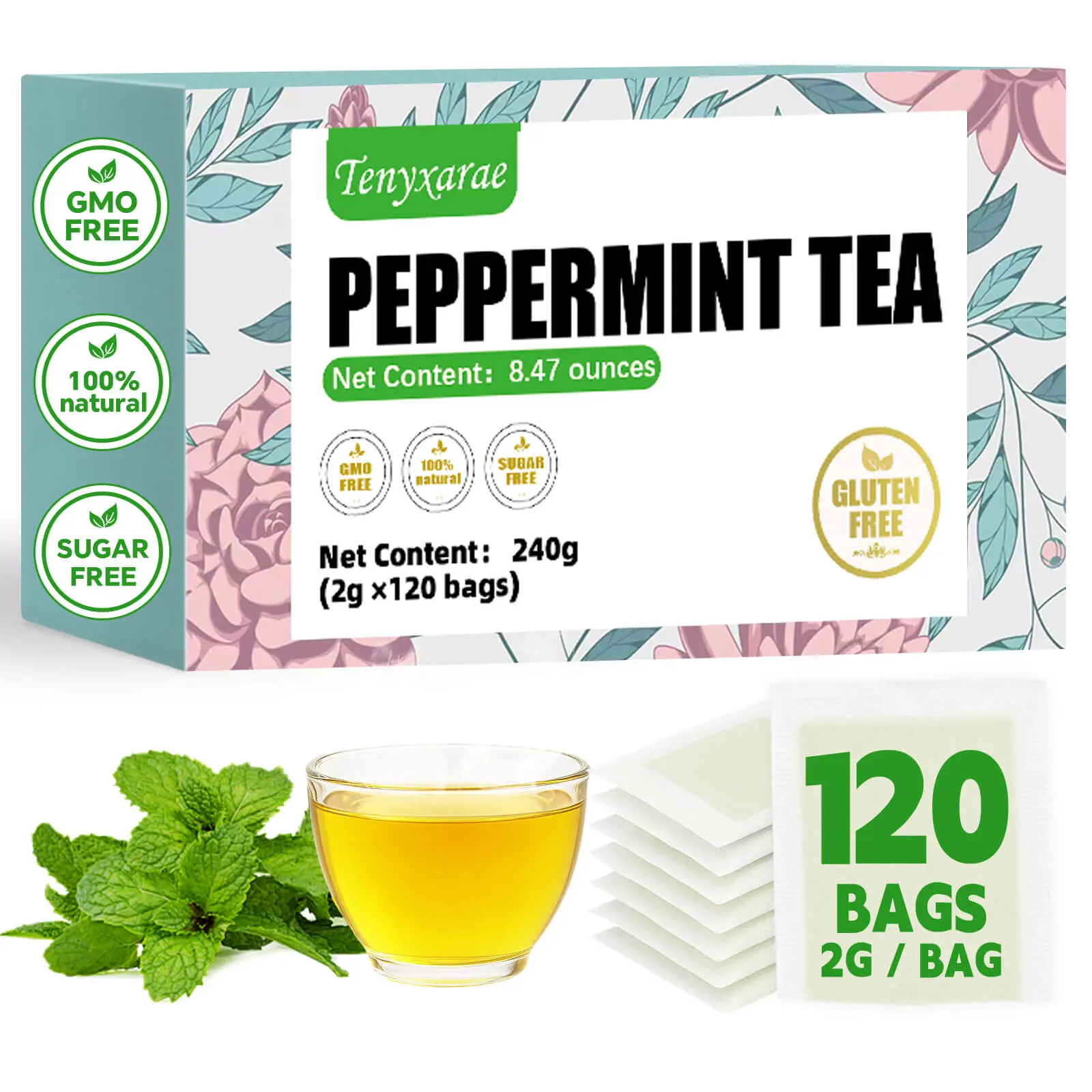 100% Natural Organic Peppermint Tea Bags (120 Counts, 2g Per Bag) | Vegan, Gluten/Sugar/Caffeine-Free | Promotes Digestive Comfort & Restful Sleep | Eco-Friendly Individually Wrapped