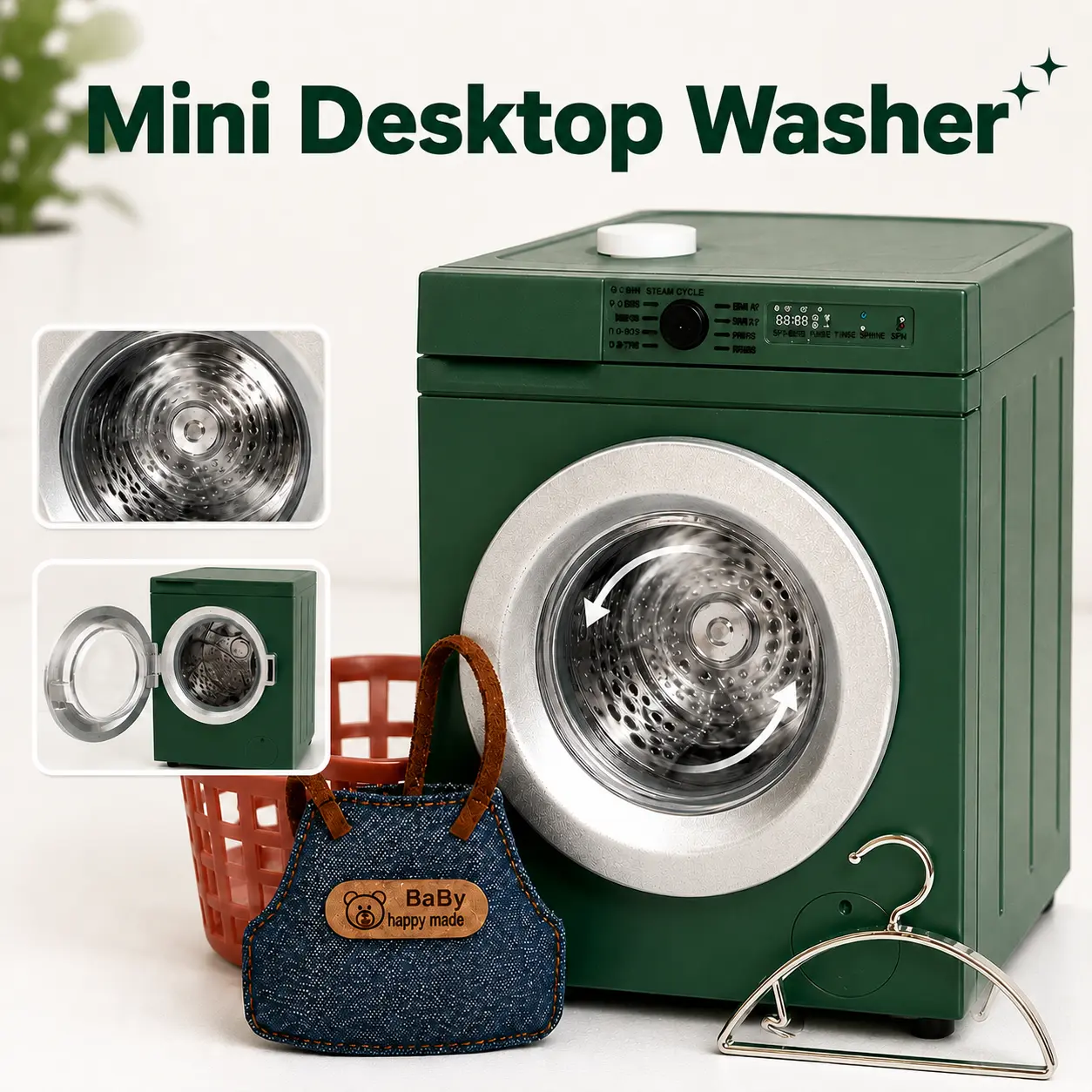1:12 Scale 4-Piece Electric Miniature Washing Machine Set - Collector Model, Teeny-Tiny Miniatures, Interactive Dollhouse Room Accessories with Working Spin Function, Laundry Basket, Tiny Clothes, Anxiety Relief Fidget Toy, Desktop Ornament